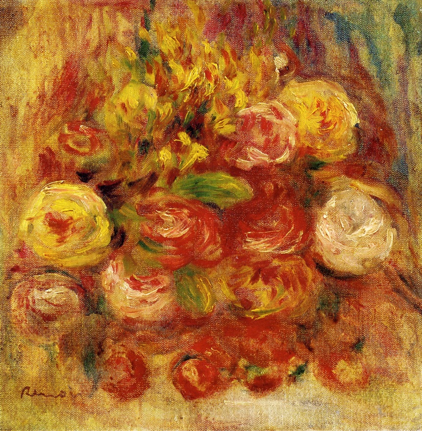 Flowers in a Vase with Blue Decoration - Pierre-Auguste Renoir painting on canvas